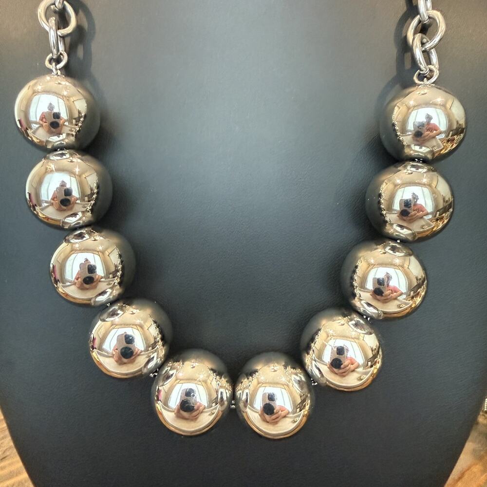 Silver Tone Large Ball Bead Statement Necklace Chunky Bubble Collar 20”